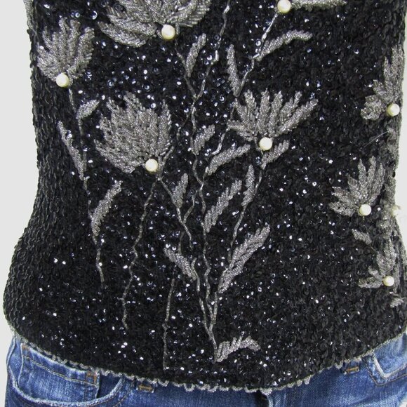 VTG 60s Hand Beaded M Floral Mod Glam Cocktail Party Wool MCM Shell Top Black - Picture 3 of 11